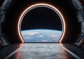 Fototapeta premium view of earth from space through futuristic spacecraft window