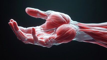 Muscular system diagram illustrating the muscles of the hands and fingers, focusing on fine motor control.