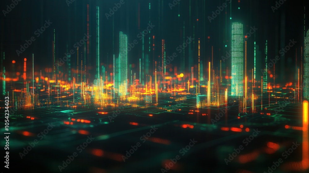 Poster a vibrant digital landscape showcasing colorful data visualizations and glowing elements in a futuri