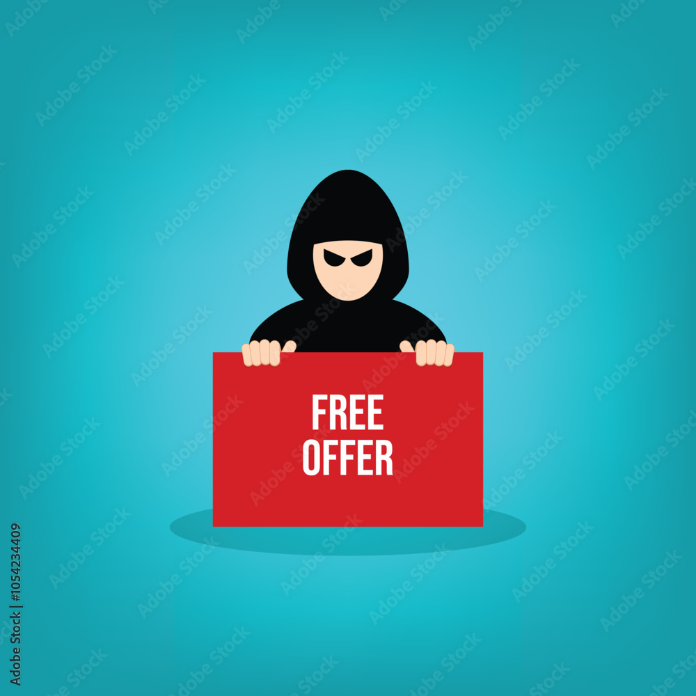Poster hacker holding free offer message banner. hacking concept.