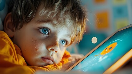 Close up of a young boy with autism spectrum disorder intently focused on using a tablet computer device with blurred educational posters visible in the background classroom setting