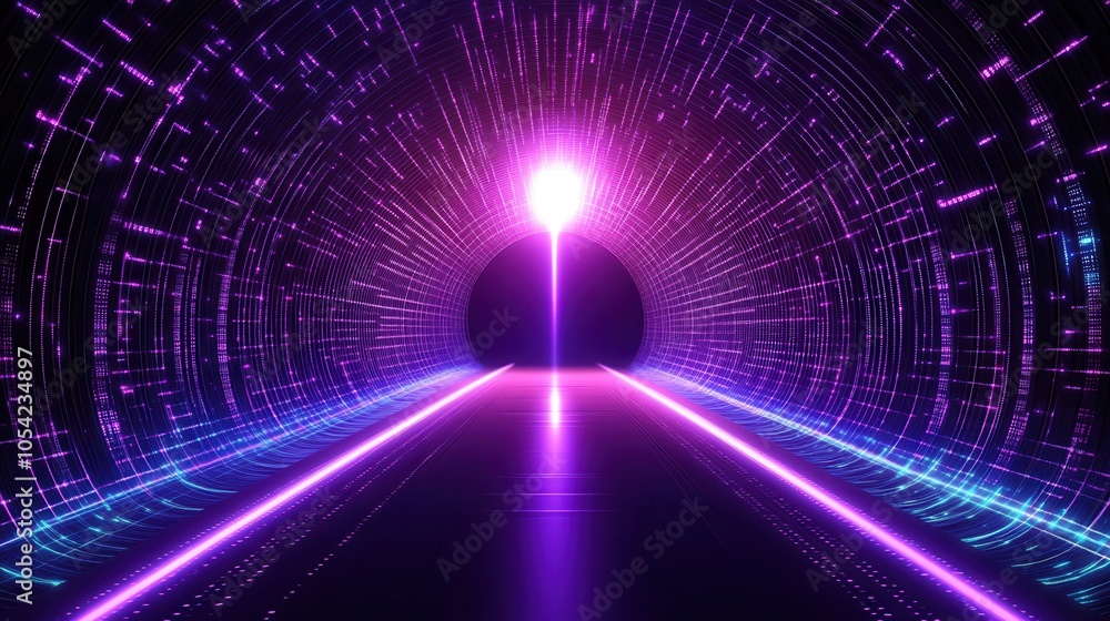 Poster a vibrant digital tunnel illuminated by glowing lines and a central light, creating a futuristic and