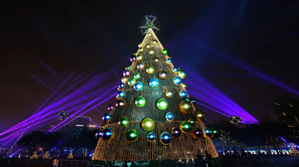huge christmas tree decorated with ornament balls and bokeh lights