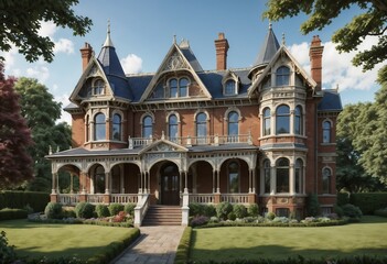 Fototapeta premium Victorian-style house with intricate architecture surrounded by landscaped garden