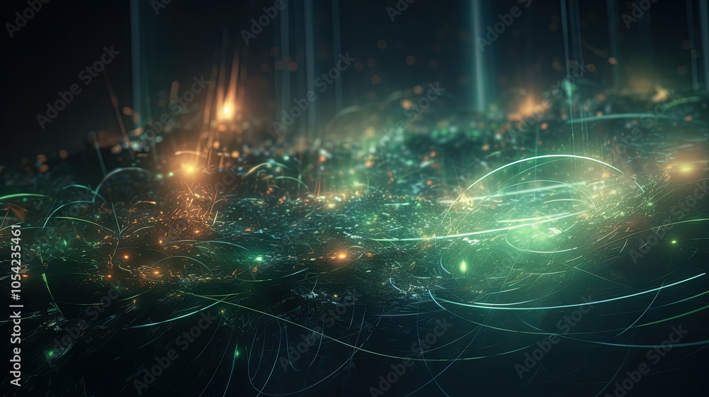 Poster Abstract light streaks in a dynamic digital space with glowing green elements