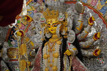 sculpture of durga goddess right handed wearing intericate beautiful silver jewelery