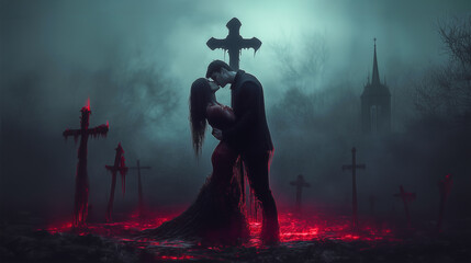 Darkly romantic couple embracing in a graveyard with glowing red light, surrounded by crosses, a gothic horror concept
