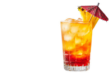 PNG cut out isolated background. A beautifully layered Mai Tai cocktail served in a tall glass filled with ice, featuring a gradient of warm golden and amber hues.