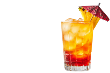 PNG cut out isolated background. A beautifully layered Mai Tai cocktail served in a tall glass filled with ice, featuring a gradient of warm golden and amber hues.