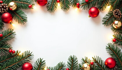 Christmas holiday frame with fir tree branches, golden and red baubles or balls