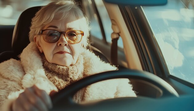 Safe Driving Practices For Elderly Adults: Happy Senior Woman Enjoying A Peaceful Solo Car Ride, Prioritizing Older Driver Safety.