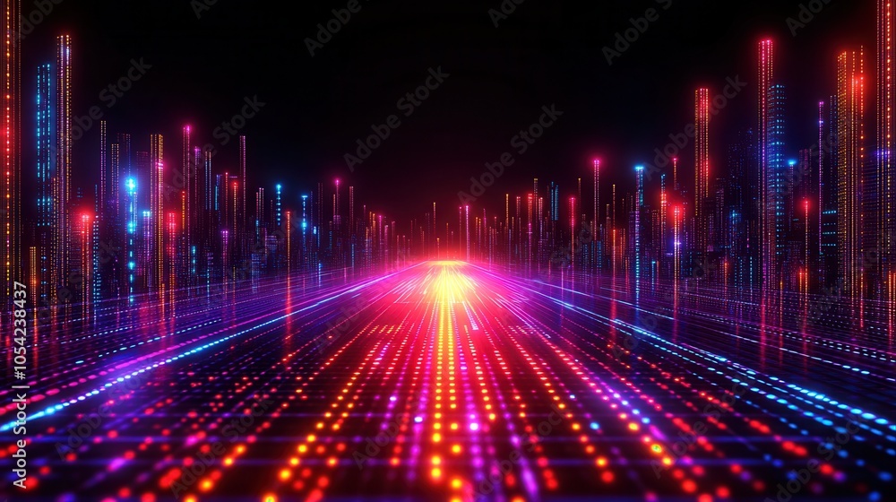 Poster a vibrant scene of digital lights and colors creating an abstract pathway, symbolizing technology an