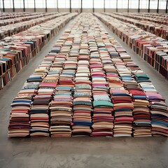 Fototapeta premium Vibrant Stacks of Colorful Fabric Swatches Showcasing Textural Diversity in a Creative Space