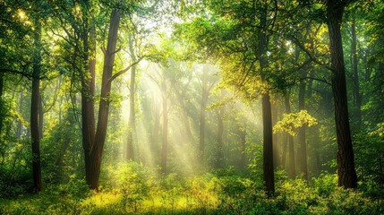 Obraz premium Tranquil Forest Scene in Morning Fog