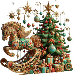 Fototapeta premium Christmas tree and toys on a transparent background. 3D illustration.