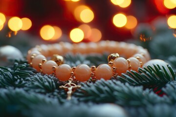 Rosary with golden crucifix on pine branches and festive bokeh lights