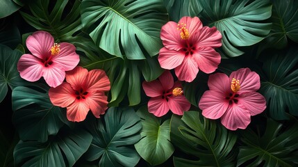 Obraz premium Vibrant pattern of exotic jungle leaves in various shades of green, with pink hibiscus flowers and sharp shadow details.