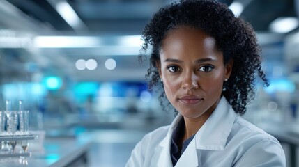 Fototapeta premium Serious female scientist in lab coat looking at camera