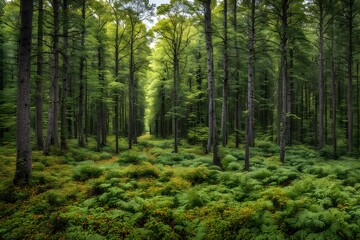 Fototapeta premium A forest with summer greenery on one side and the first hints of autumn colors, AI Generated
