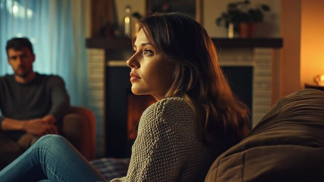 A couple sits in a cozy living room by the fire, experiencing an awkward moment of silence. One partner gazes thoughtfully while the other remains distant, highlighting their unresolved issues