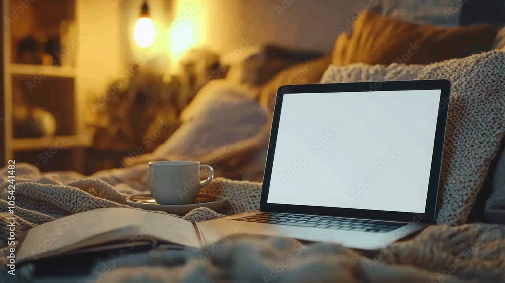 Poster A cozy bedroom setting features a laptop with a blank screen, a steaming cup resting on a saucer, and an open notebook placed on a soft blanket. The warm lighting creates a relaxed atmosphere.