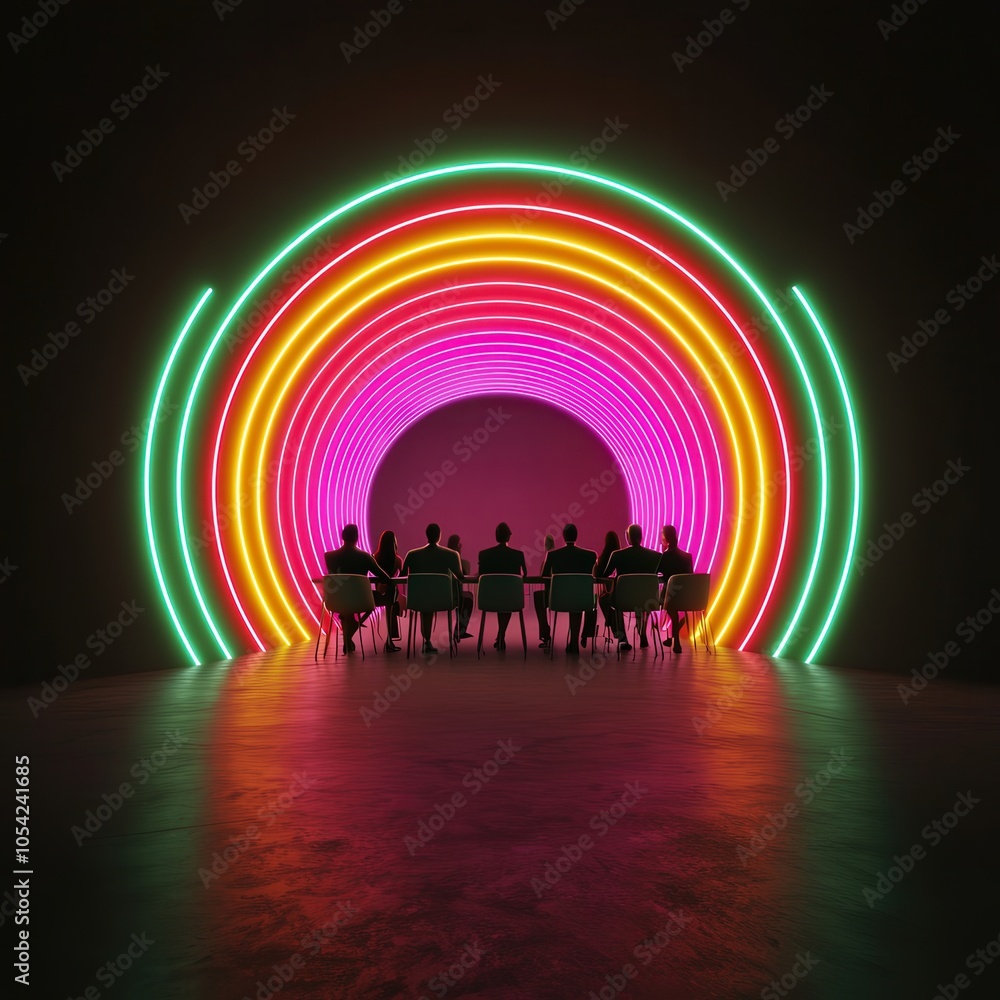 Poster illuminated gathering a vibrant display of colorful lights and silhouettes in a unique setting