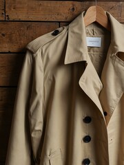 Close-up of a beige trench coat on a wooden hanger.