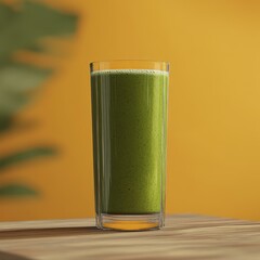 Green Smoothie in a Glass on Wooden Table