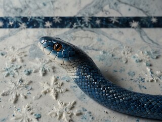 Close-up of a blue snake with snowflake and marble textures.