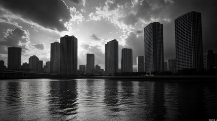 Fototapeta premium A dramatic black-and-white skyline reflecting on water, showcasing urban architecture against a cloudy sky.