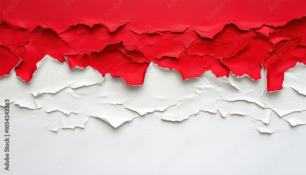 Poster Minimalist Design: Red Background With White Torn Paper For Message Or Text, Isolated Close-Up In Modern Style.