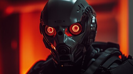 Fototapeta premium A futuristic robot with glowing red eyes, set against a dramatic, illuminated background.