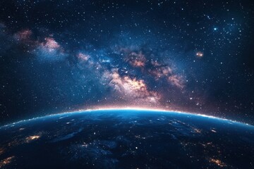 Naklejka premium Radiant celestial scene featuring a vibrant city silhouette under the star-studded milky way, with shimmering stars glittering across the vastness of the cosmos