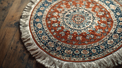 Naklejka premium Round Persian rug with fringes and intricate floral design