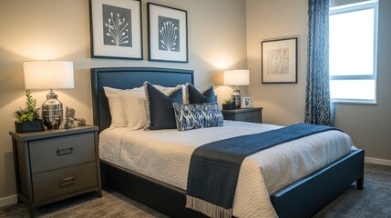 Fototapeta premium Cozy Modern Bedroom with Stylish Decor and Lighting