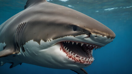 Naklejka premium Portrait of great white shark in the deep blue sea 