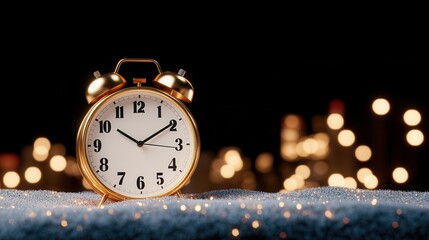 A vintage alarm clock on a soft surface against a blurred backdrop of glowing lights, symbolizing time and nostalgia.