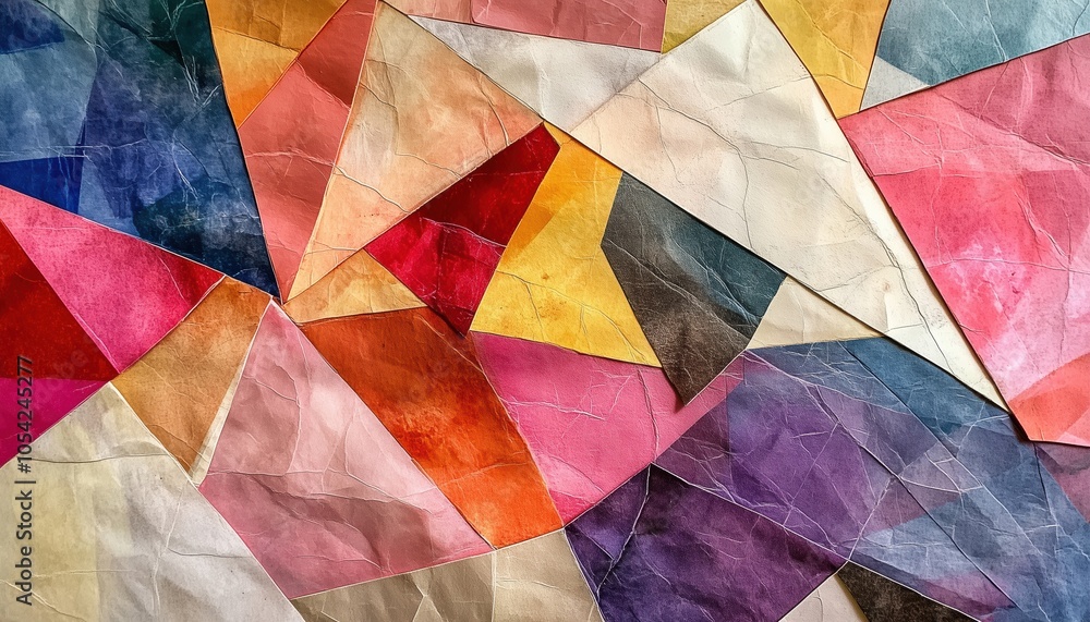 Poster colorful paper collage: an abstract background featuring various pieces of colored paper arranged in