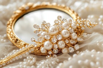 Elegant vintage hand mirror adorned with pearls and crystals resting on delicate fabric background