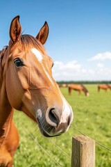 Obraz premium A close-up of a brown horse in a green field, with a clear blue sky. The horse looks curiously towards the camera, showcasing its features and the peaceful surroundings.