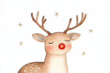 Naklejka premium A cute, whimsical illustration of a deer with antlers and a bright red nose, surrounded by golden stars, exuding a festive, cheerful vibe.
