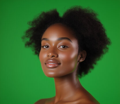 Green Screen Beautiful Black Model African Natural Curly 4c Hair Glowing Clear Brown Skin Model