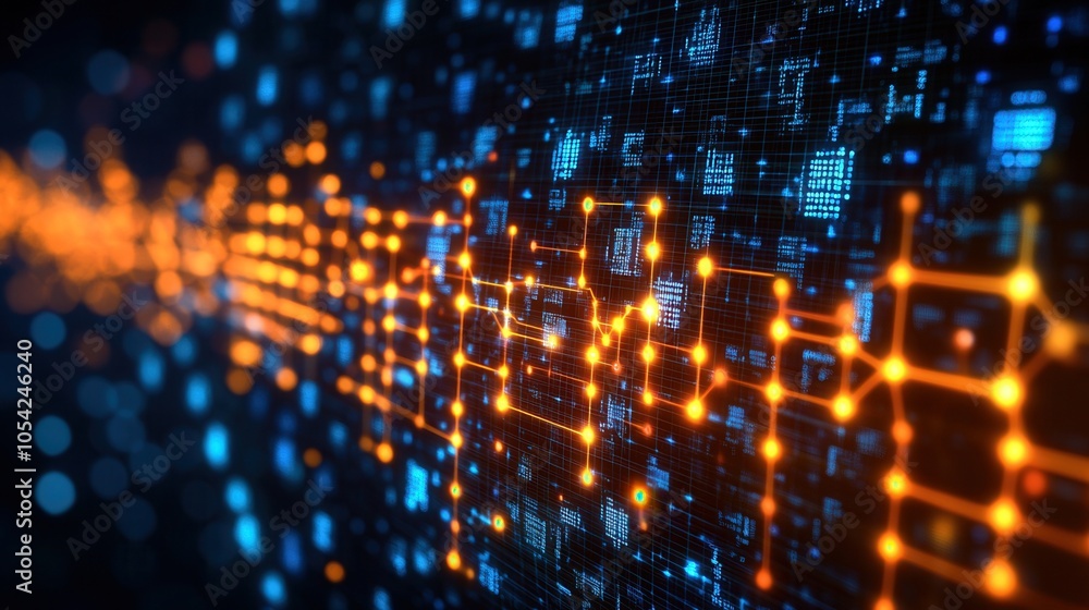 Poster abstract digital background featuring vibrant orange and blue data lines, illustrating data flow and
