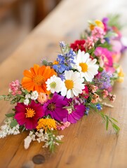 A vibrant arrangement of wildflowers on a rustic wooden table during a sunny afternoon gathering