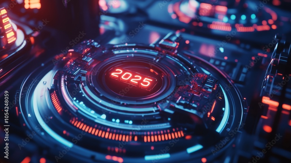 Poster futuristic digital interface displaying the year 2025 with glowing elements and intricate circuitry.