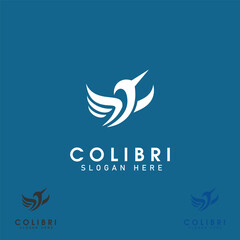 Obraz premium Abstract Colibri logo isolated on blue background. humming bird logo concept. simple bird logo suitable for your design