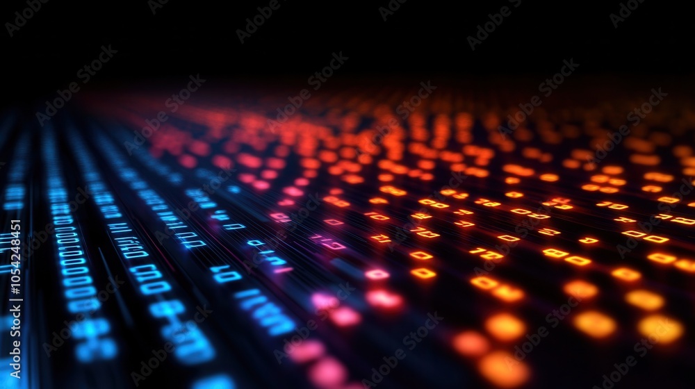 Poster abstract digital data visualization with vibrant colors depicting technology, innovation, and connec
