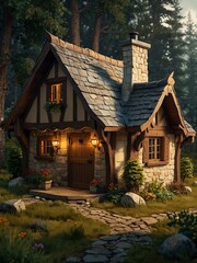 Fototapeta premium Cozy woodland cottage in a charming 2D style.
