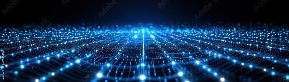 Poster abstract digital landscape featuring vibrant blue lights and a dynamic grid pattern, creating a futu