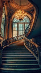 Obraz premium Elegant Curved Staircase with Grand Chandelier